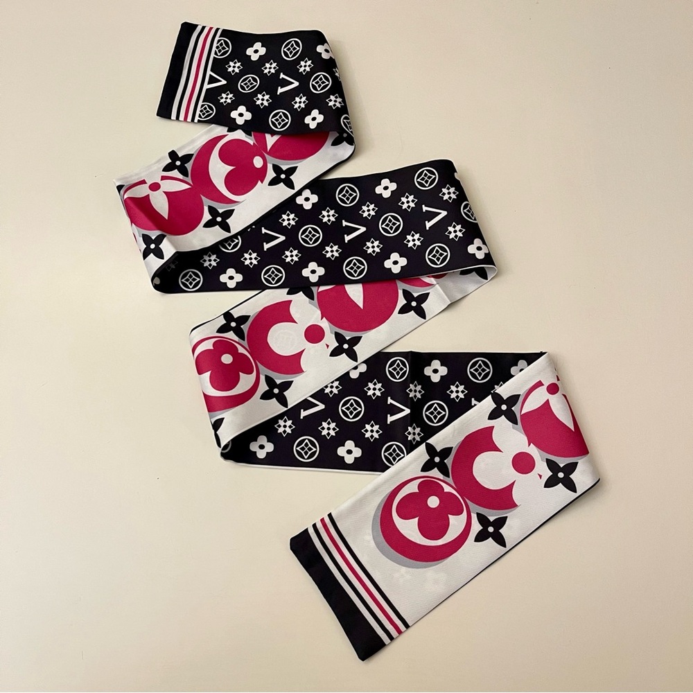 Luxury 100% Silk Bandeau Twilly Scarf - Black, White & Pink Floral Monogram 🩷
